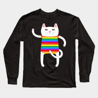 White Cat Wearing a Rainbow Striped Onesie One Piece Swimsuit Long Sleeve T-Shirt